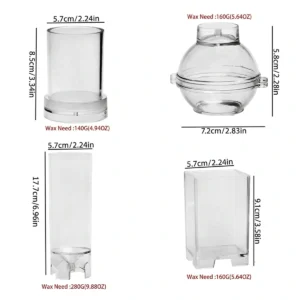 SET DE 4 MOLDES DE POLICARBONATO PARA VELAS ( molde de pilar, cilíndrico, rectangular y esfera)